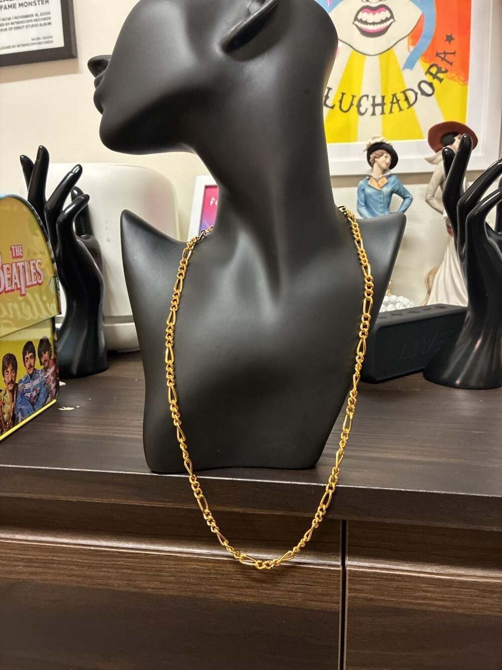 Vintage 90s Figaro Link Chain Necklace 24K Gold Plated